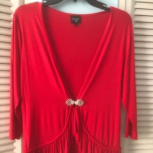 Color works red knit top with diamond brouche and pretty ruffles at bottom.